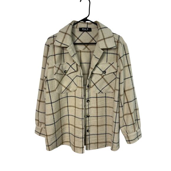 Cream Plaid Boucle Shacket Jacket M Fall Layer Preppy Cottagecore Cozy Chic - Picture 1 of 5